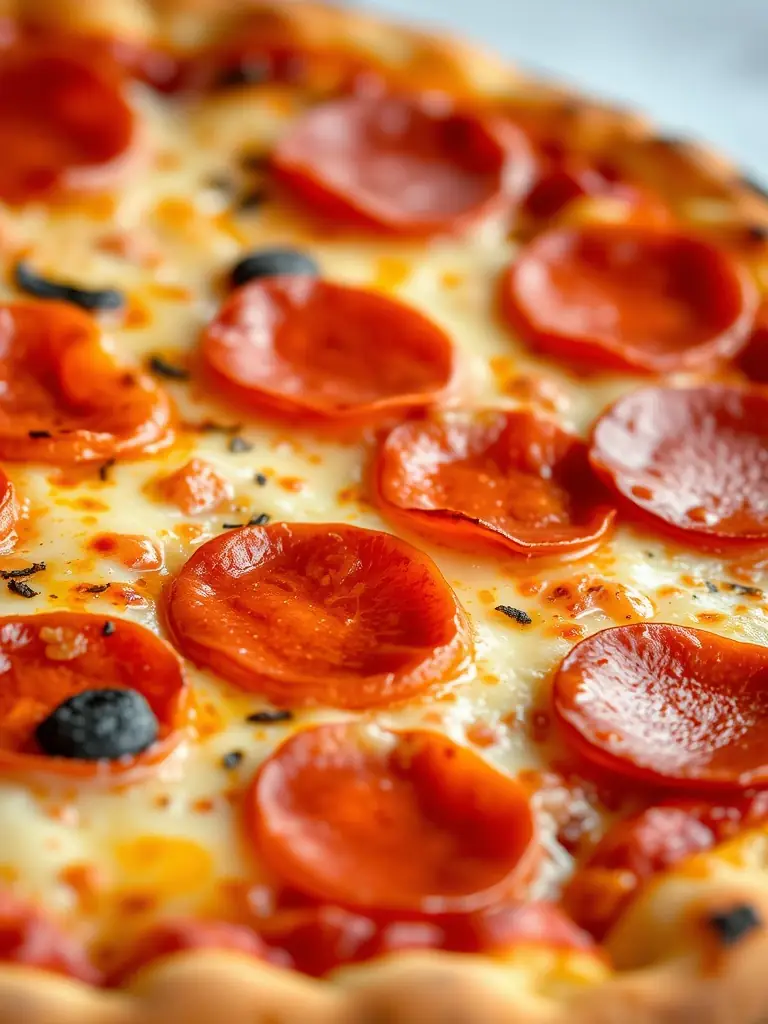 A close-up image of a Pepperoni pizza showcasing the perfectly browned pepperoni slices, melted cheese, and a hint of herbs on a golden crust.