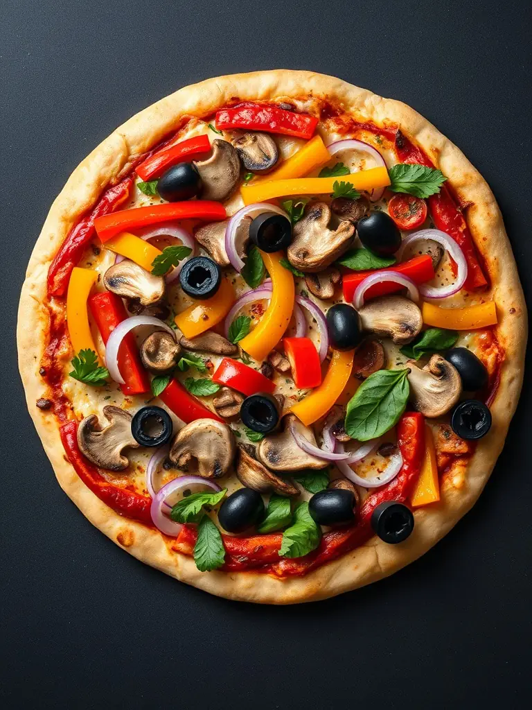 A visually appealing image of a Vegetarian pizza with colorful bell peppers, mushrooms, olives, and other fresh vegetables on a crispy crust, showcasing its healthy and flavorful ingredients.