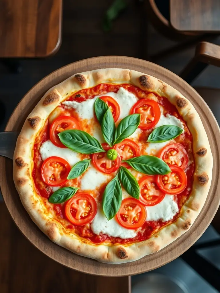 A vibrant, overhead shot of a Margherita pizza with fresh basil leaves, ripe tomatoes, and melted mozzarella on a thin, crispy crust, presented in a warm, inviting setting.