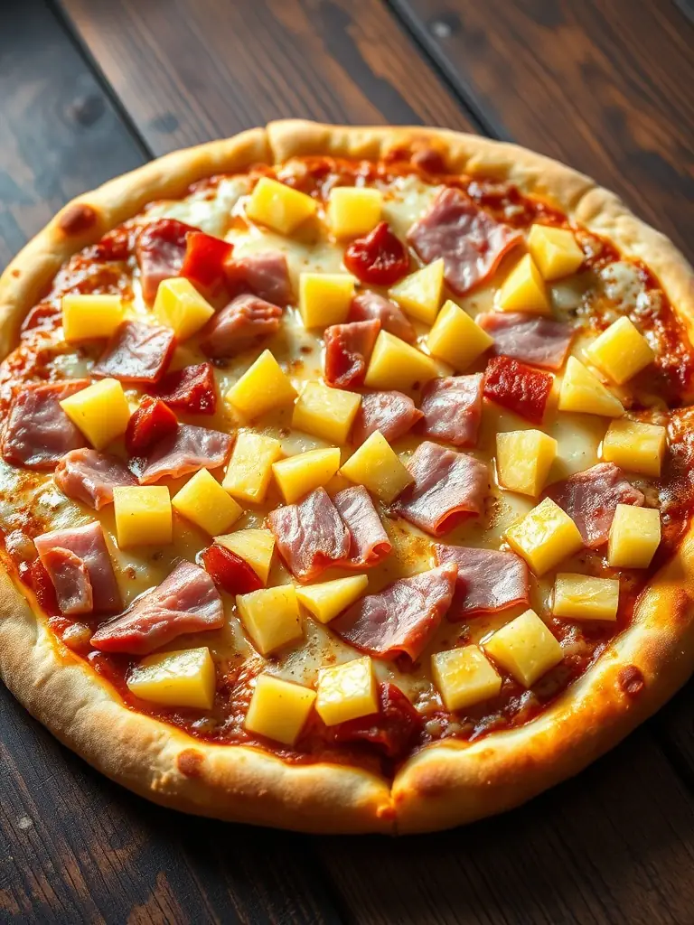 An appetizing image of a Hawaiian pizza with juicy pineapple chunks, savory ham, and melted cheese on a golden-brown crust, highlighting its sweet and savory flavors.