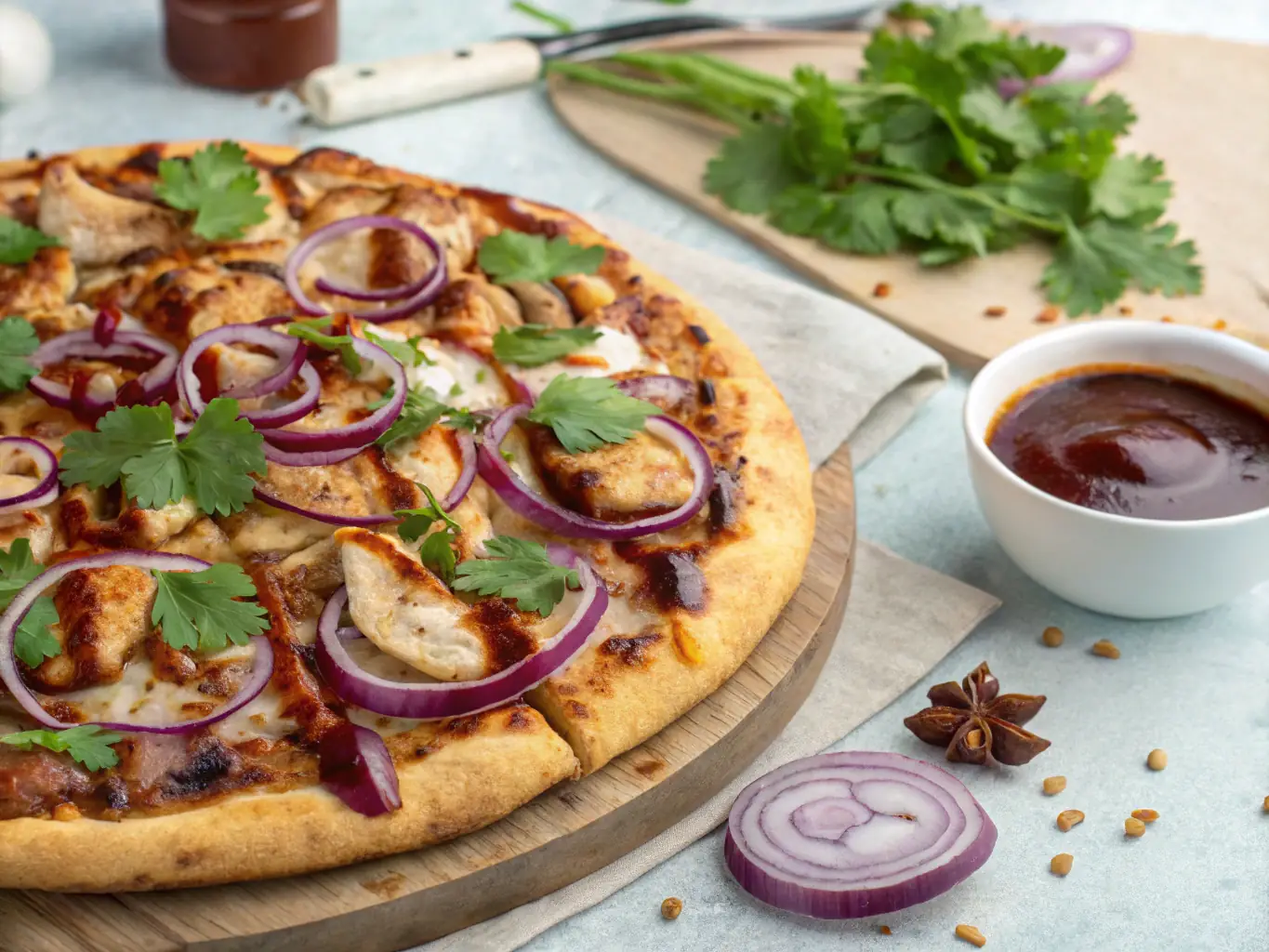 An enticing image of a 'BBQ Chicken' pizza, featuring grilled chicken, red onions, cilantro, and a tangy BBQ sauce drizzle. The pizza is set against a dark background to emphasize its vibrant colors and textures.
