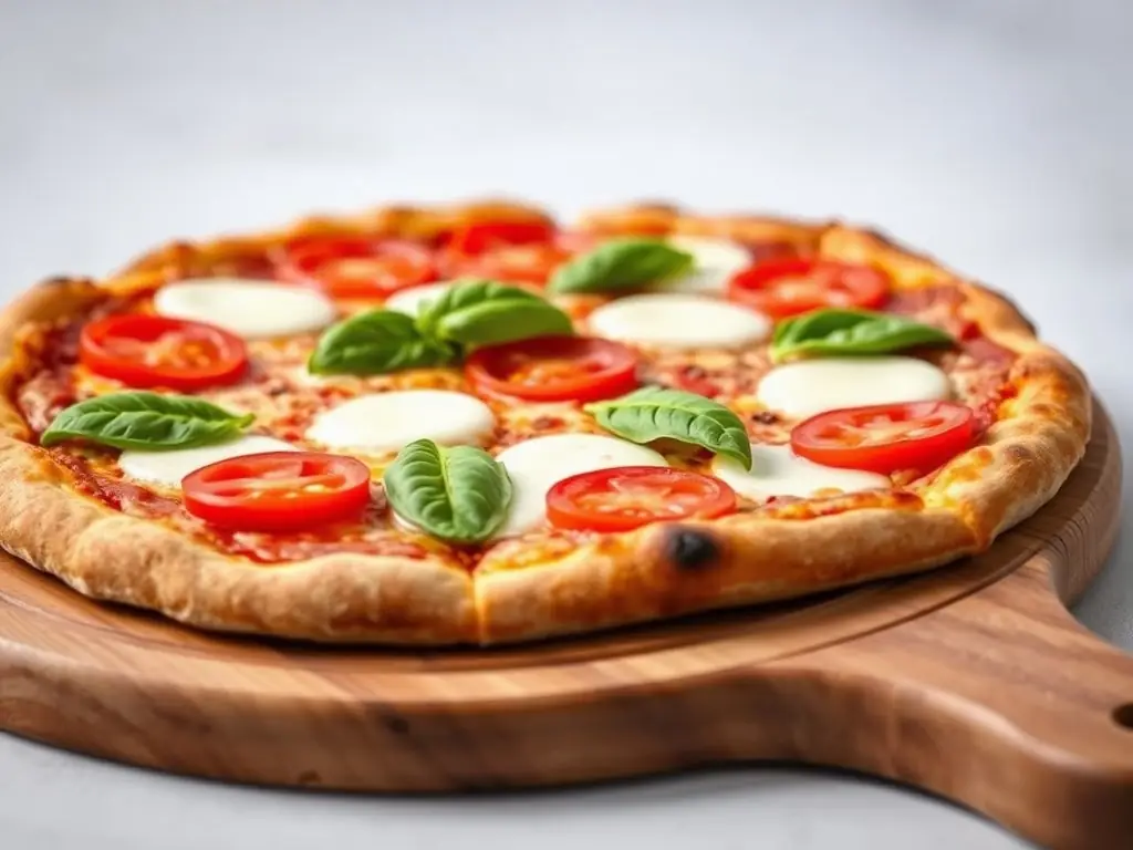 A vibrant, overhead shot of a 'Margherita' pizza, showcasing fresh basil leaves, ripe tomato slices, and melted mozzarella cheese on a perfectly baked crust. The pizza is presented on a rustic wooden board, highlighting its artisanal quality.